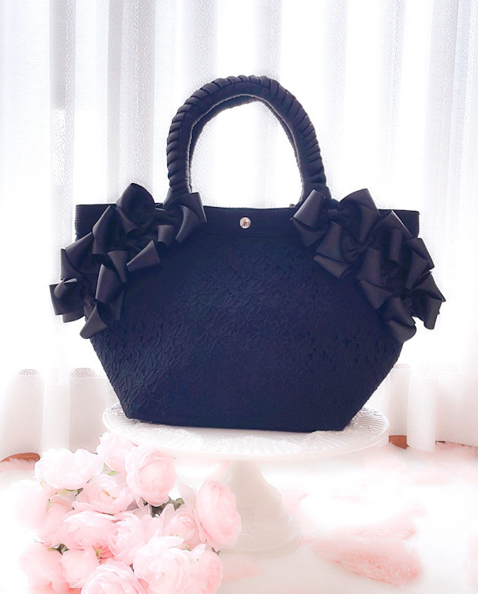 【Ｌサイズが新登場】レースリボンマイコバッグ♡リボンバッグ♡マイコバッグ♡ブラックレース　大容量