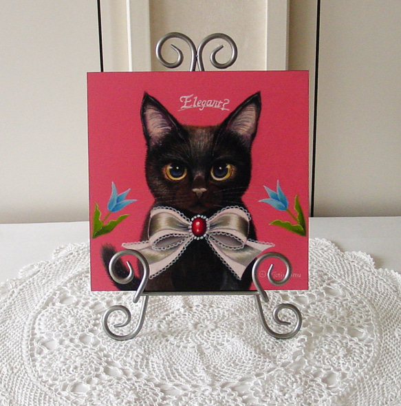 おしゃれなリボンの黒猫ちゃん・春・うきうき気分・よそおい・華やか・エレガント・ビー玉目・パステル画・一点物・フレーム付き 4枚目の画像