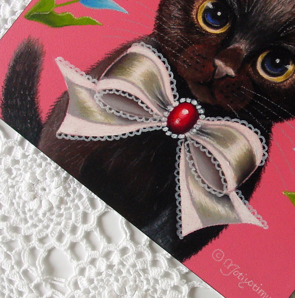 おしゃれなリボンの黒猫ちゃん・春・うきうき気分・よそおい・華やか・エレガント・ビー玉目・パステル画・一点物・フレーム付き 3枚目の画像