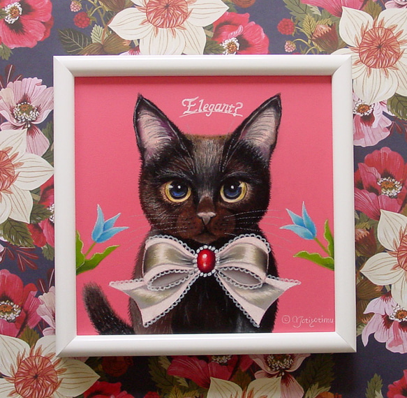 おしゃれなリボンの黒猫ちゃん・春・うきうき気分・よそおい・華やか・エレガント・ビー玉目・パステル画・一点物・フレーム付き 1枚目の画像