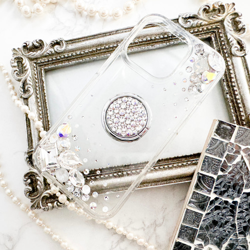 iPhone17pro,16,15,14他クリアケース クリスタルホワイト系ビジュー