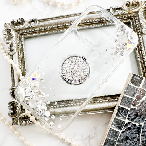 iPhone17pro,16,15,14他クリアケース クリスタルホワイト系ビジュー