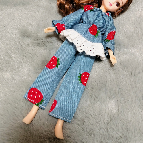 パジャマ上下セット 水色 イチゴ 苺 22cmドール 部屋着 ストロベリー