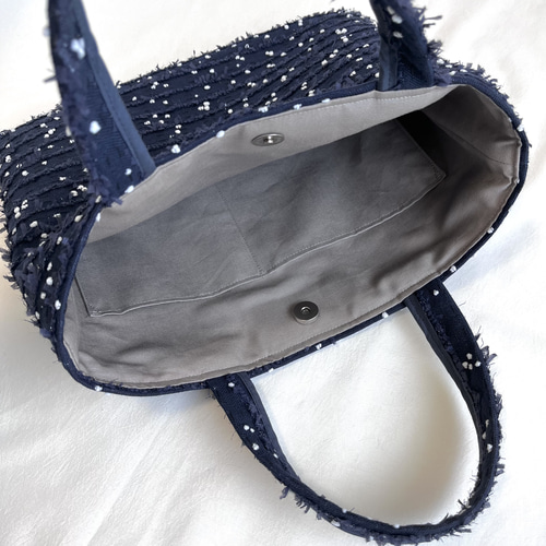 【専用品】リボンツイードトートバッグLネイビー　handmade ドット ネイビー ツイードレッスンバッグ A4 サブバッグ トート