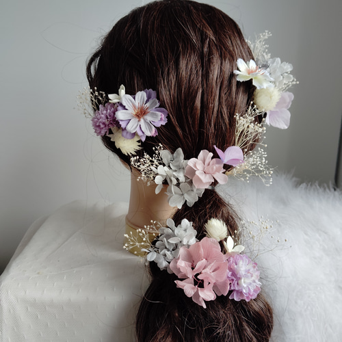 花澄 -kasumi- ＿＿紫陽花とかすみ草のヘッドドレス ヘッドパーツ 結婚