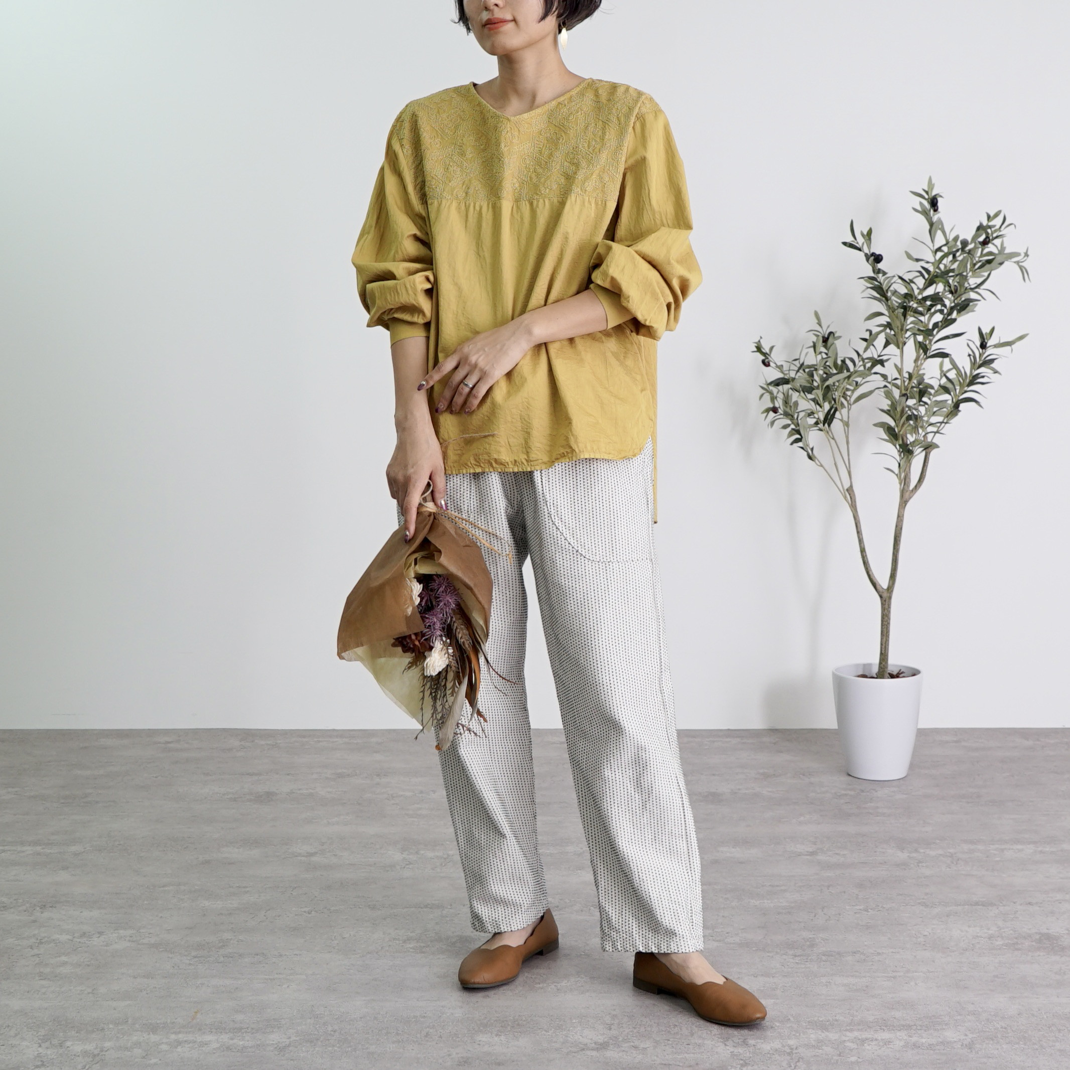 【福袋】刺繍ブラウス/イエロー＋一本刺し子 スッキリサルエルパンツ/生成り