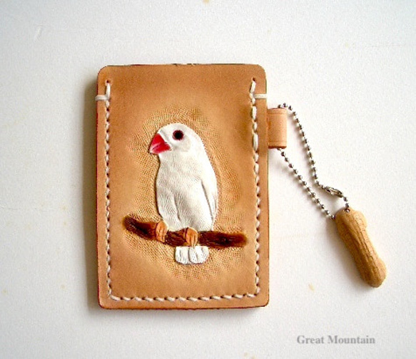 白文鳥　文鳥　鳥 革 鳥グッズ レザー カードケース プレゼント インコグッズ パスケース 2枚目の画像