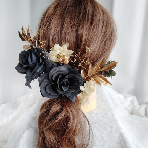 アンティークウエデング　フラワーヘッドパーツ ブラックローズのウェディングヘッドパーツ 黒無垢 フォトウェディング