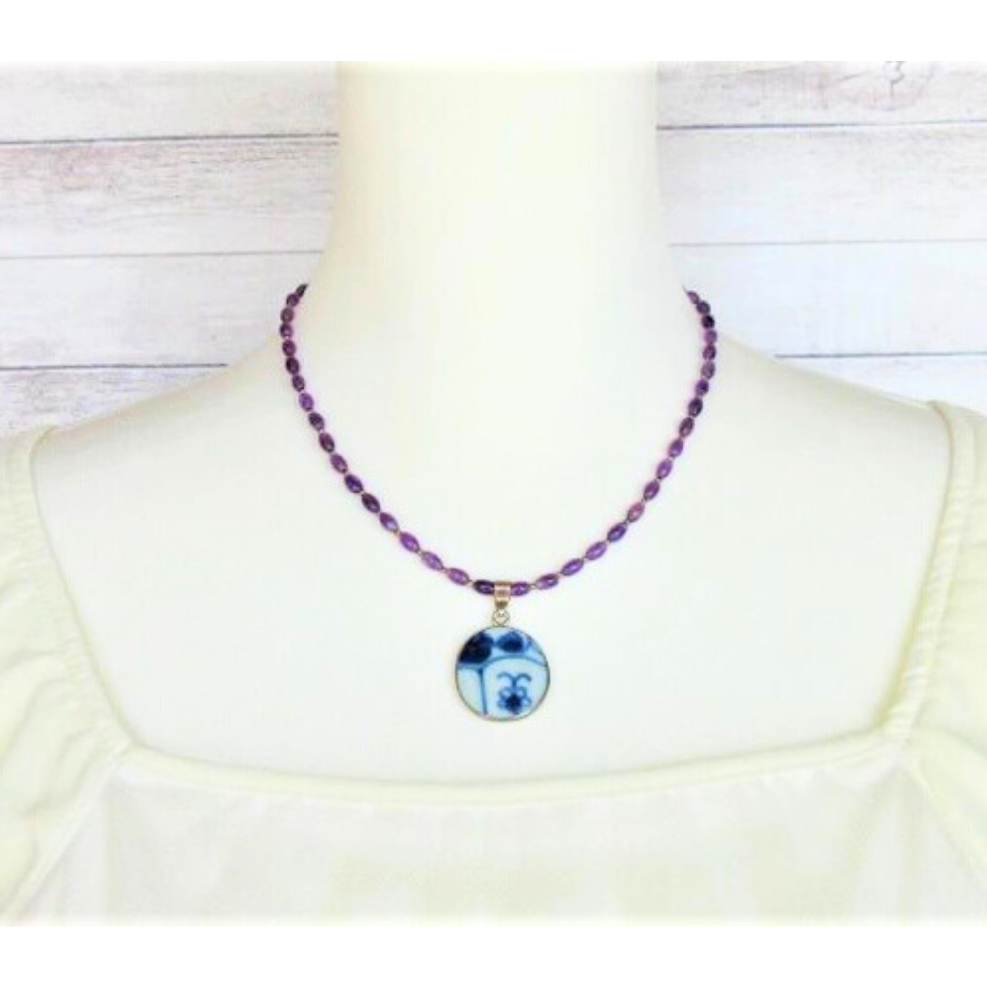 【B67】　ネックレス　アンティーク焼物(タイ・アユタヤ)　アメジスト　天然石　半貴石　天然石ビーズアクセサリー