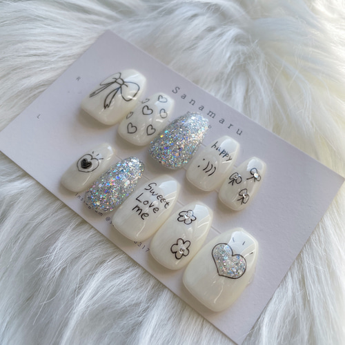 【No.013】ネイルチップ♡チェック柄♡ハート♡リボン♡ブルー系 ネイルチップ リボンネイル ハートネイル ネイルチップ（つけ爪