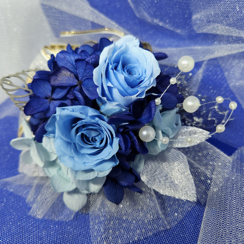 プリザーブドフラワー☆おしゃれコサージュ・髪飾り☆(ブルーー系) 卒