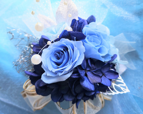 プリザーブドフラワー☆おしゃれコサージュ・髪飾り☆(ブルーー系) 卒