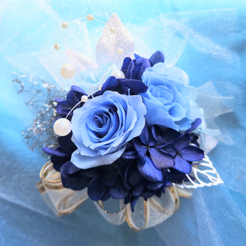 プリザーブドフラワー☆おしゃれコサージュ・髪飾り☆(ブルーー系) 卒