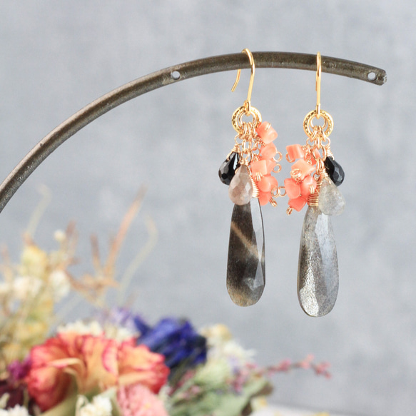 希少14kgfブラックトルマリンインムーンストーンピアス/イヤリング 希少14kgfブラックトルマリンインムーンストーンピアス/イヤリング