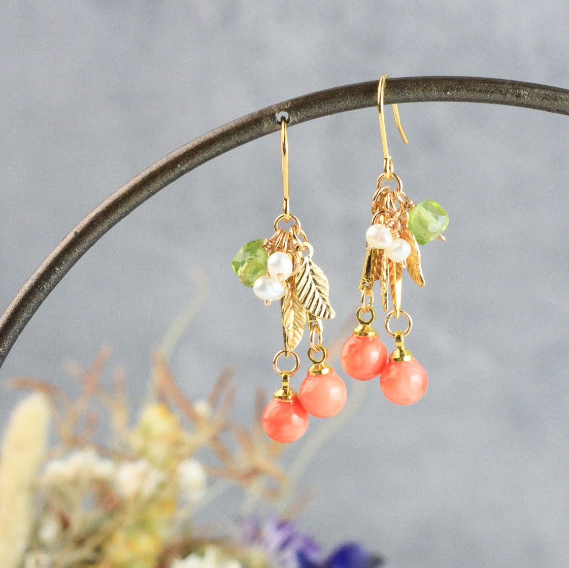 【宝石珊瑚】サクランボ耳飾り