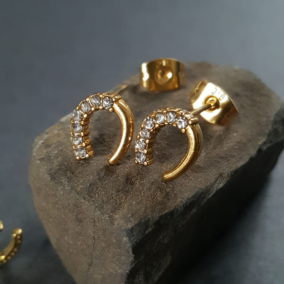 [1ペア] サージカルステンレス ラインストーン スタッドピアス ホースシュー 金属アレルギー対応 オールステンレス 10枚目の画像