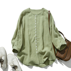 100% 亞麻無色開襟衫，易於融入日常服裝 亮淺黃綠色 230506-5 第1張的照片