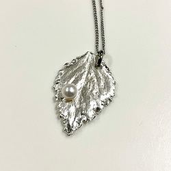 【純銀】本物の葉っぱから出来たリーフ&パールのシルバーネックレス 4枚目の画像