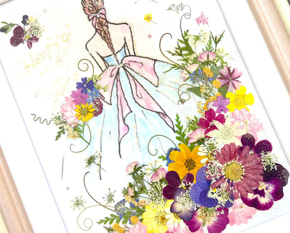 幸せまねく夢色花のドレスをまとって　押し花アート　押し花額04 8枚目の画像
