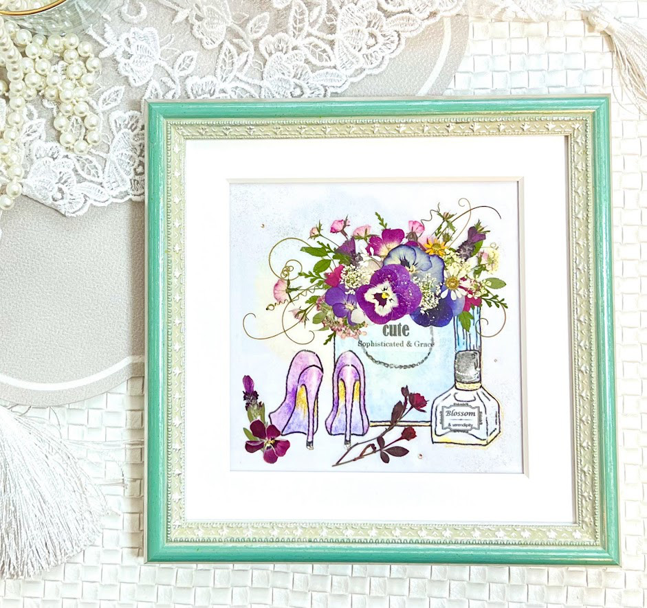 おしゃれモダンな押し花アート　ナチュラルライトブルー押し花額03