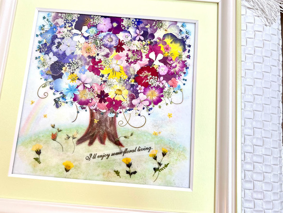幸せいっぱい！虹も微笑むお花の木　押し花アート額06 4枚目の画像