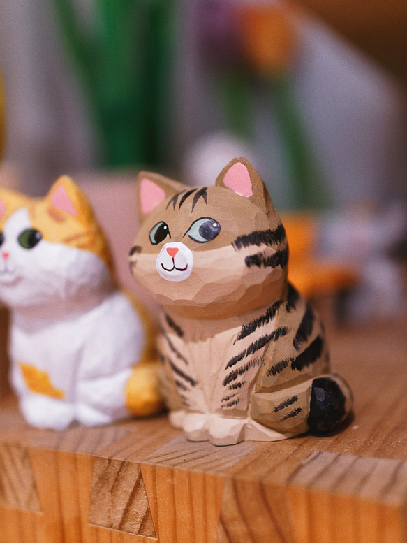 愛い　木彫りの  ネコ匹　置物 ギフト　プレゼント　ギフトラッピング 9枚目の画像