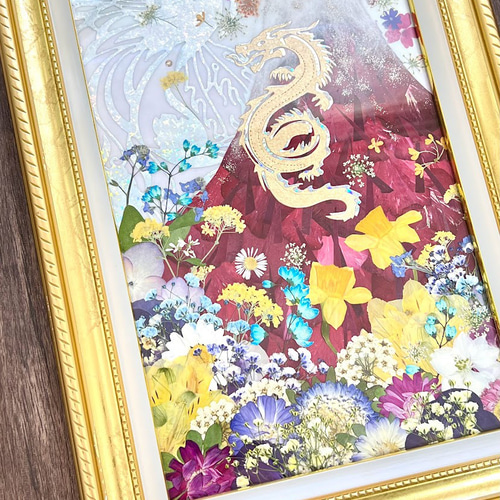 昇り龍と赤富士の縁起の良い押し花額07ゴールド＆ホワイト額