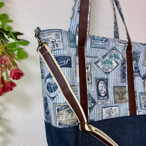 新作！3WAYトートバッグ♡英字柄♡帆布♡デニム トートバッグ REI¥REI 