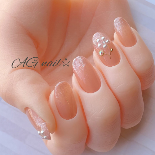 H171 パールの花咲きネイル ネイルチップ ニュアンスネイル ブライダル