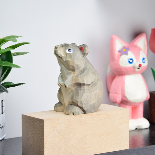 愛い 木彫りの ネズミ匹 置物 ギフト プレゼント ギフトラッピング