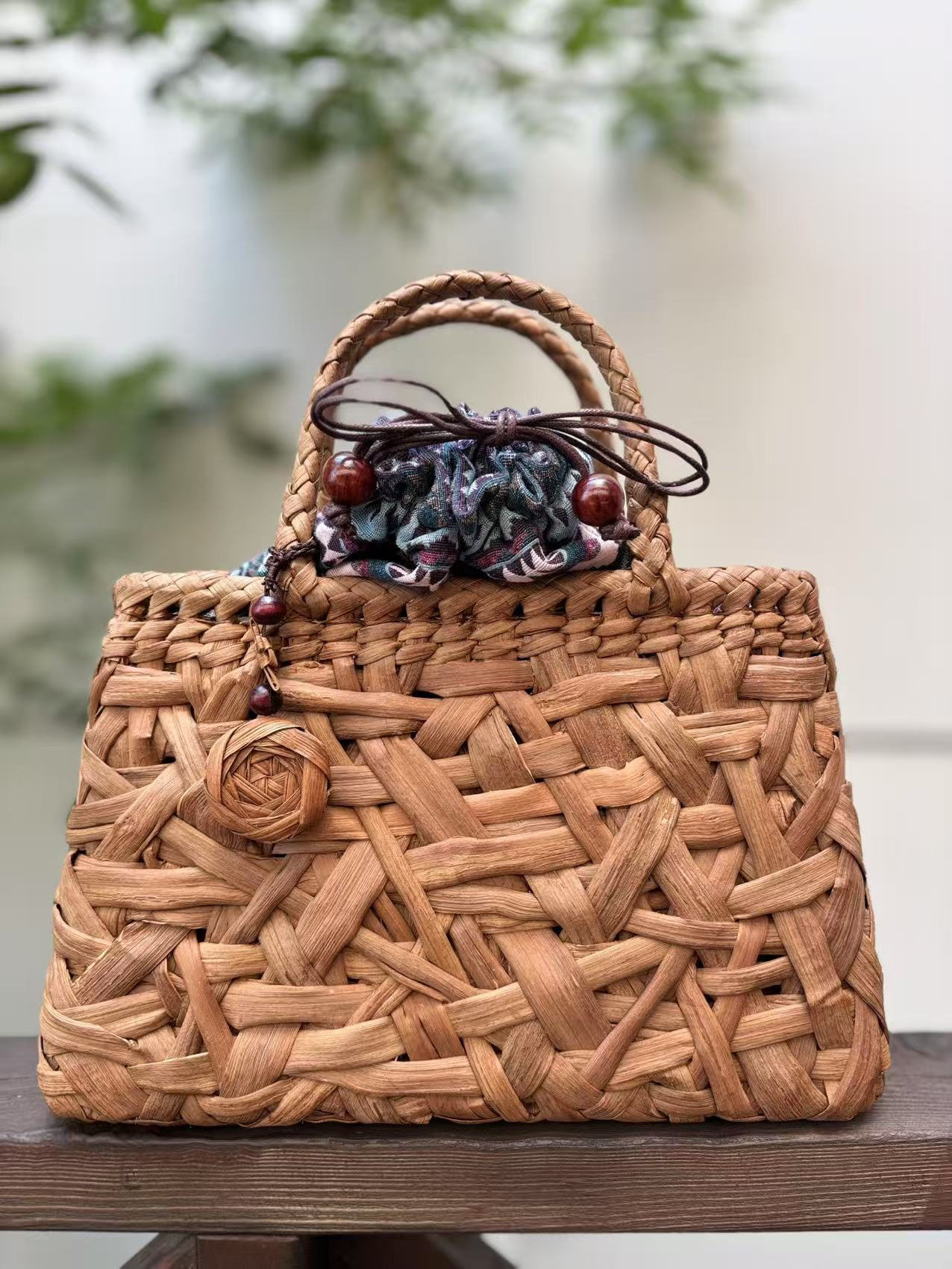 山葡萄カゴバッグ（国産） 乱れ編み 内布・持ち手革カバー付 手作り