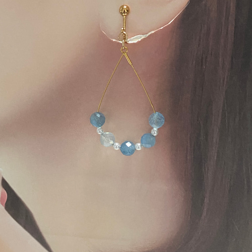 海のしずく☆ 天然石 アクアマリン パール ワイヤーフープイヤリング  