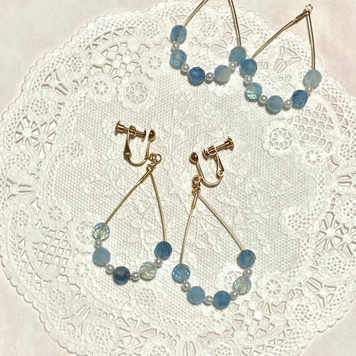 海のしずく☆ 天然石 アクアマリン パール ワイヤーフープイヤリング  