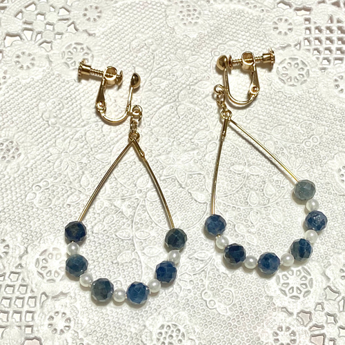 海のしずく☆ 天然石 サファイア パール ワイヤーフープイヤリング 
