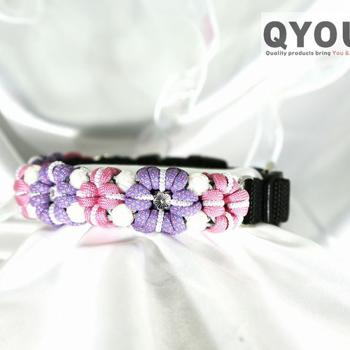 パラコード犬用首輪〈Mサイズ：28～33cm〉Fleurs mignon・Rose lavande