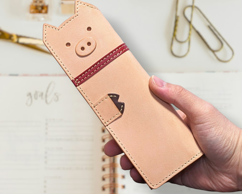 スリムな豚さんレザーペンケース(兼メガネケース)＊ナチュラル