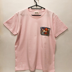 きのこTシャツ　ポケット付　女性Lサイズ　薄ピンク　手描き 1枚目の画像