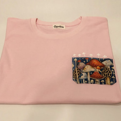 きのこTシャツ　ポケット付　女性Lサイズ　薄ピンク　手描き 4枚目の画像