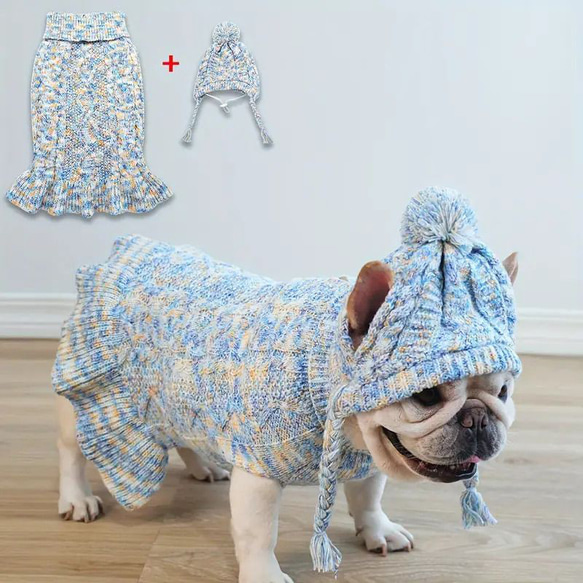 犬用セータードレス 帽子セット ペットニットプルオーバー 犬用セーター カラフル糸 犬服ストレッチ cht−1067 2枚目の画像