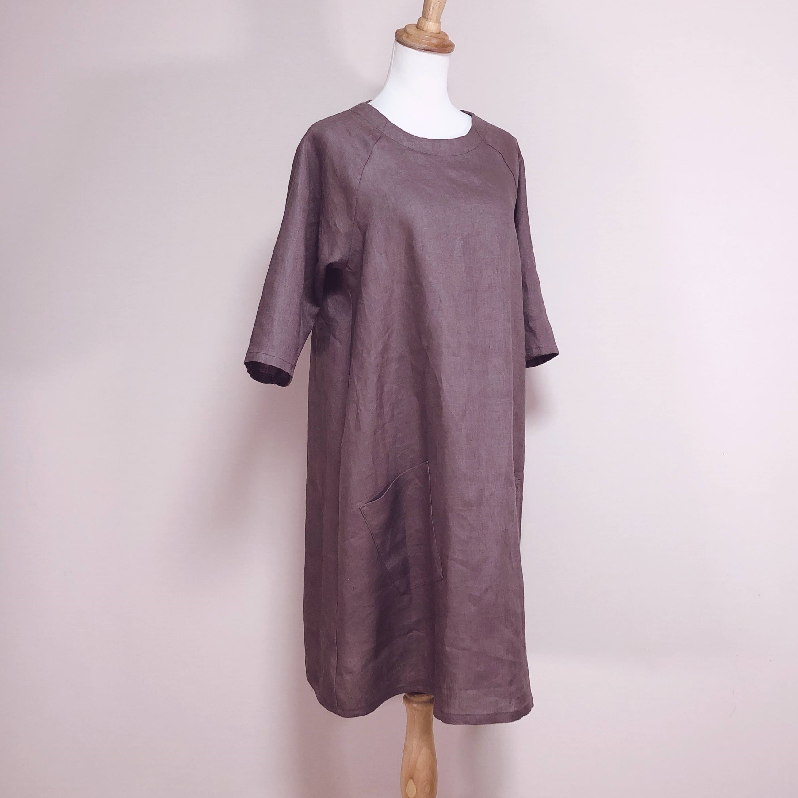 カラーリネン◆DONラグランワンピース　七分袖◆ブラウン◆M・Ⅼ・LL（中厚、リネン100％）