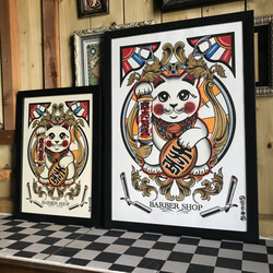 尾九 BARBER 画  招き猫 サインポール A4サイズ 簡易フレーム付き 6枚目の画像