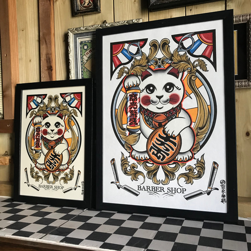 尾九 BARBER 画 招き猫 サインポール A4サイズ 簡易フレーム付き