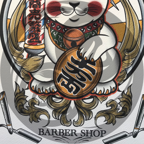 招き猫 サインポール BARBER 和風イラスト A4 フレーム付き｜尾九