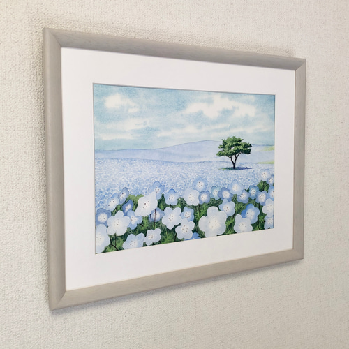 ネモフィラの丘」透明水彩画 原画 風景画 額縁付 F4サイズ 絵画 ネモフィラの丘」透明水彩画 原画 風景画 額縁付 F4サイズ 絵画