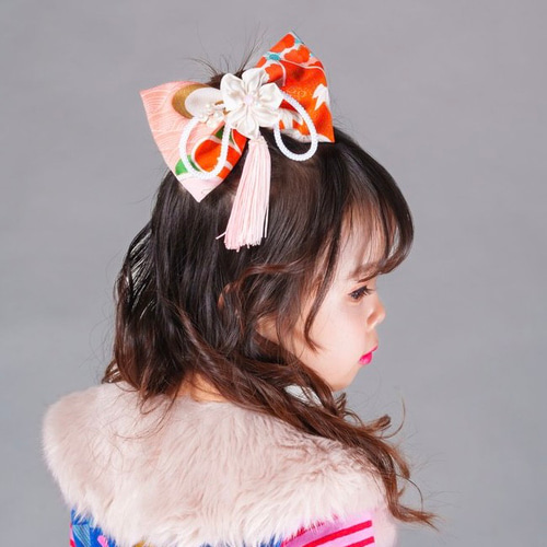 七五三　髪飾り　大正ロマンリボン　小梅ちゃんのチュールリボン 送料無料】七五三 3歳 7歳 女の子 髪飾り オレンジ 大正ロマン 小梅