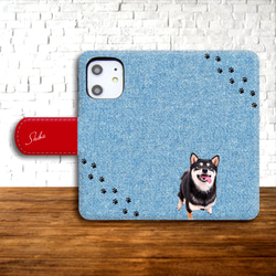 黒柴とデニムの手帳型スマホケース（レッド） iphone14 iphone15 全機種対応 柴犬 スマホケース 犬 3枚目の画像