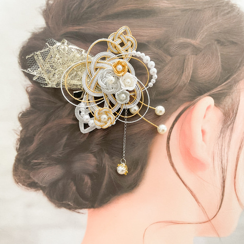 水引髪飾り コサージュ 入学式 卒園式にも 金銀 和装髪飾り 着物の髪