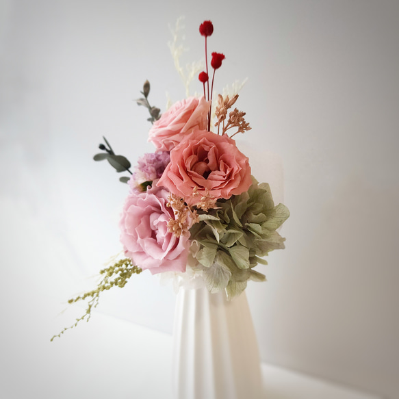 ローズのブーケ(ピンク・パープル)：ギフトにもおすすめ！プリザーブドフラワーの立てたまま飾れる自立する花束 10枚目の画像