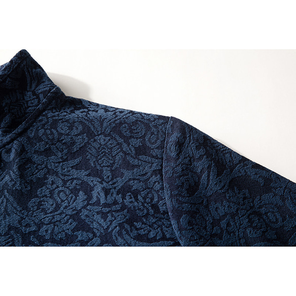 綿麻ジャガード織長袖ワンピース　チャイナドレス風ワンピース　ネイビー　2サイズ4色　L323 4枚目の画像