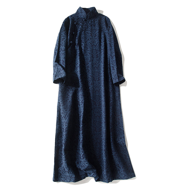 綿麻ジャガード織長袖ワンピース　チャイナドレス風ワンピース　ネイビー　2サイズ4色　L323